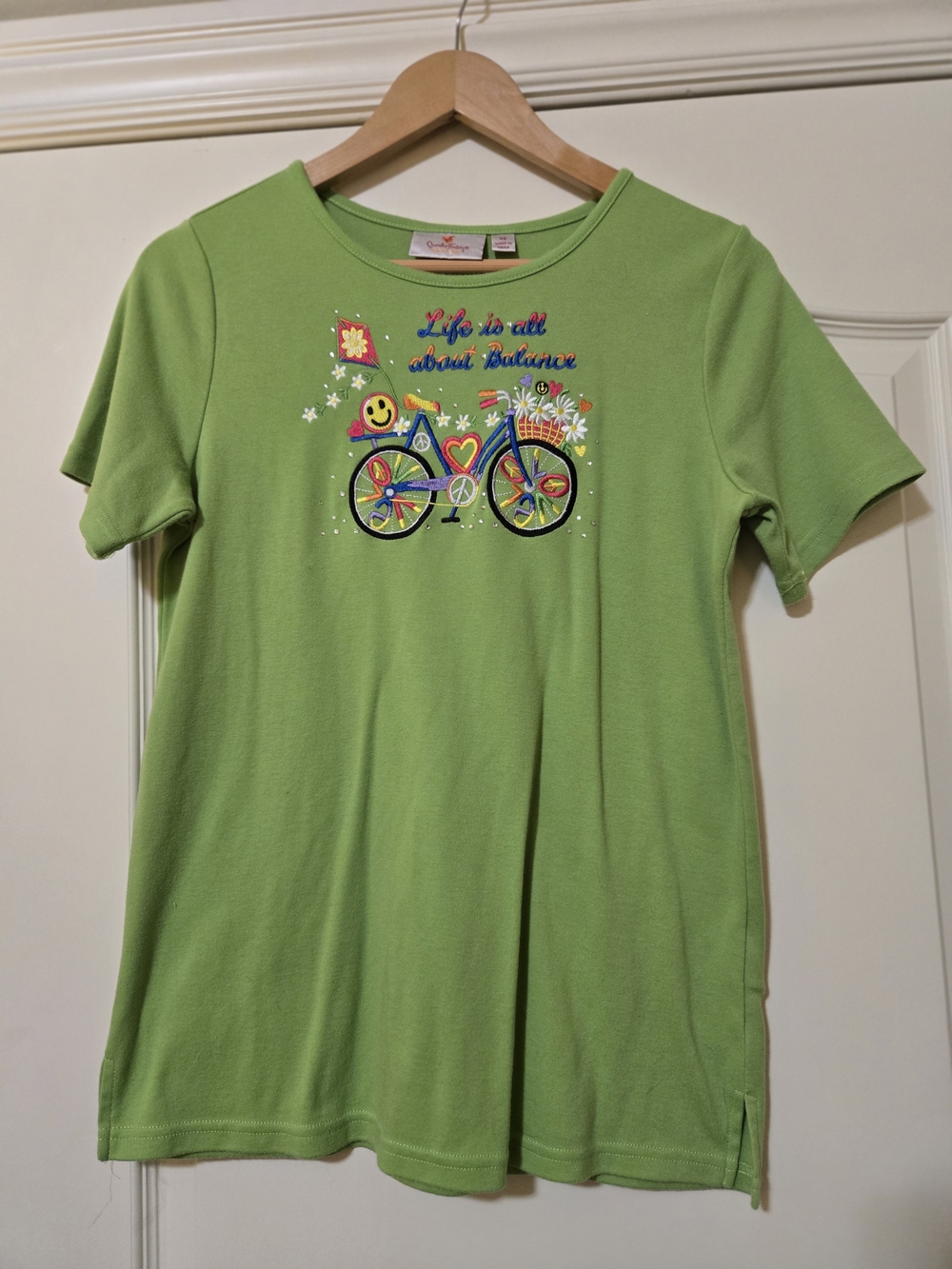 Quacker Factory Lime Green Short Sleeve Tee with Colorful Bicycle Embroidery